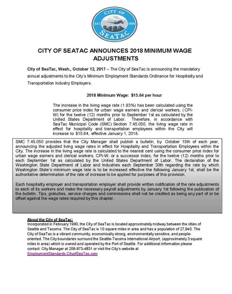 CITY OF SEATAC ANNOUNCES 2018 MINIMUM WAGE ADJUSTMENTS